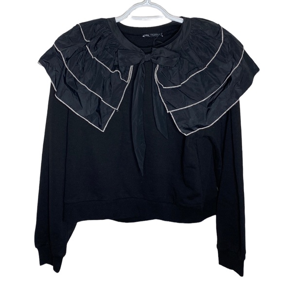 Zara Tops - Zara Ruffled bib collar black sweatshirt with a front bow tie size M